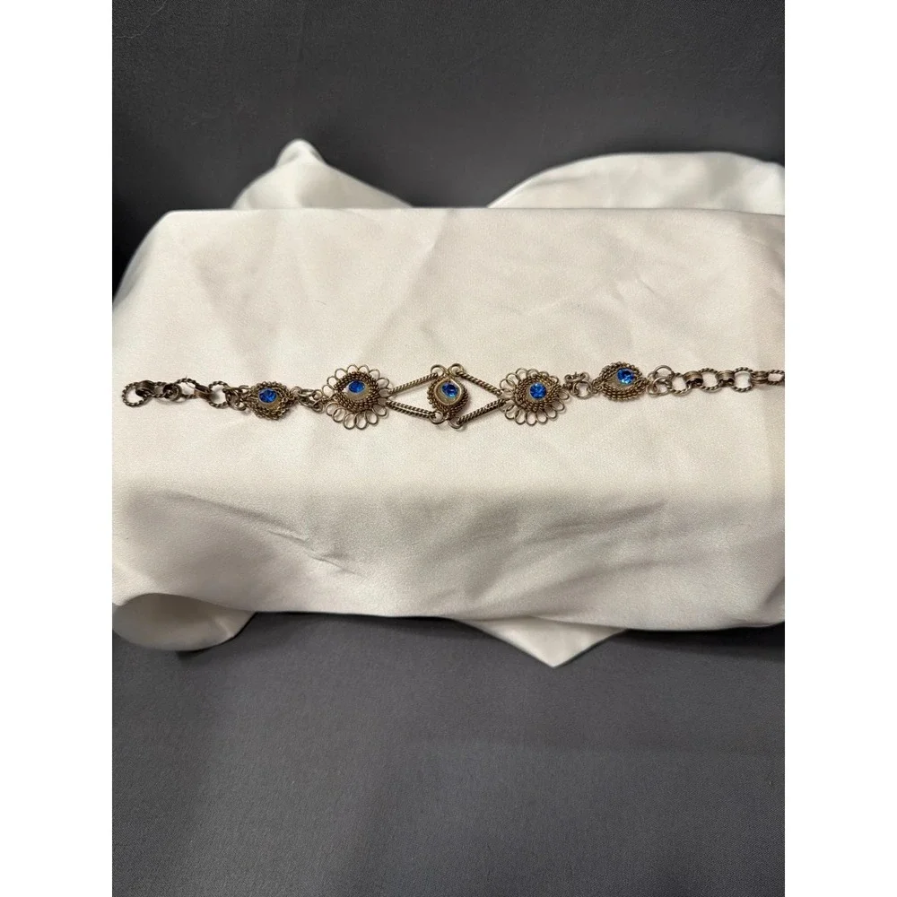 Vintage 1960s Silver Tone Wire Filigree Flower Link Bracelet Blue Glass Cabochon